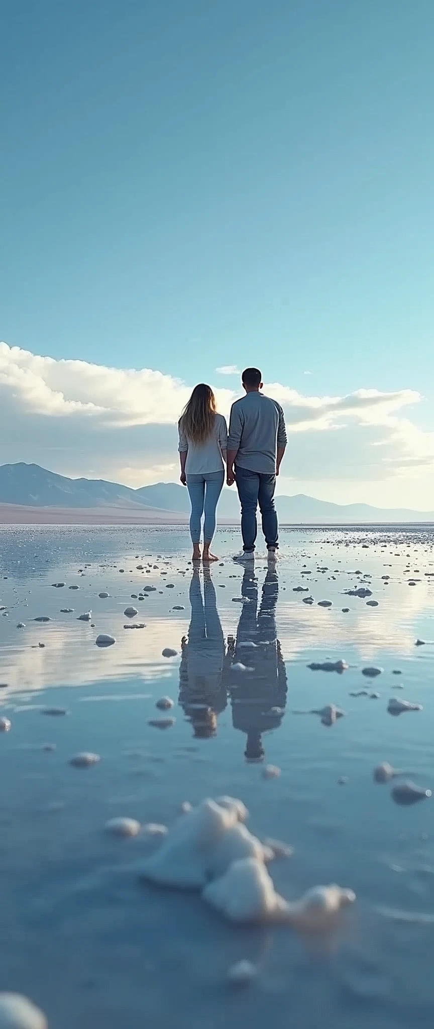 (masterpiece:1.2,Highest quality,Ultra-high resolution,Very detailed,Realistic,RAW Photos:1.2,Elaborate photos),8k,wallpaper,(Ray Tracing),Bolivia,Uyuni salt lake,Family standing,The flattest place in the world,(A majestic salt lake,Drawing a beautiful and endless water surface,Diffuse reflection of light),(A photograph capturing the magnificent scenery reflected on the water's surface:2.0)