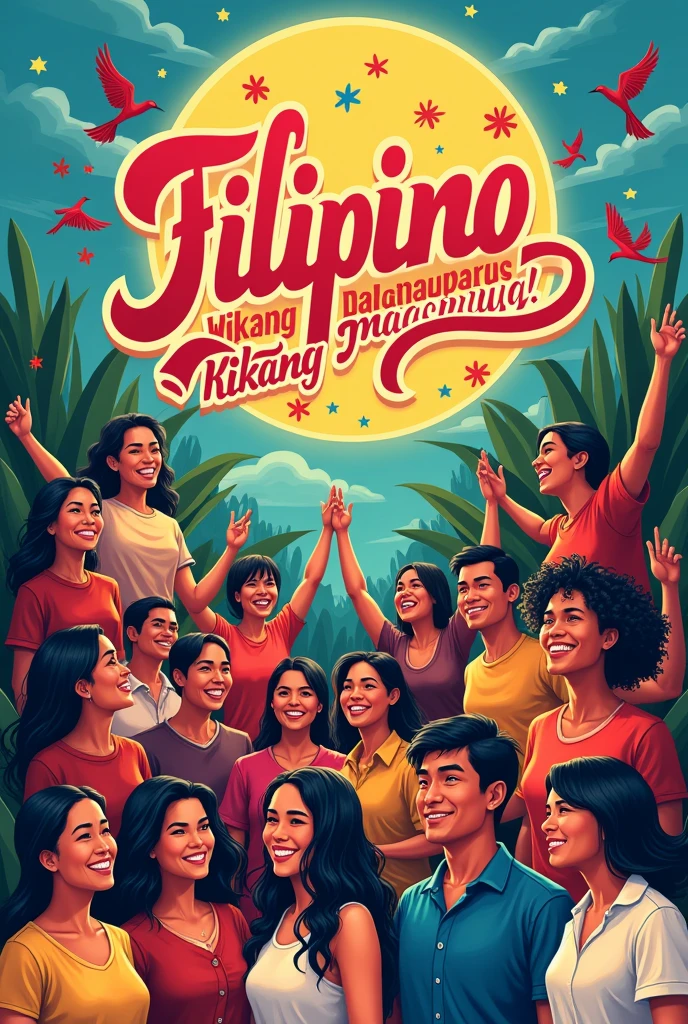 Central Image: A vibrant, stylized baybayin script forming the words "Filipino Wikang Mapagpalaya." This could be surrounded by elements that represent freedom, such as birds in flight, a rising sun, or a breaking chain.
• Background: A gradient of colors that symbolize the diversity of the Filipino people and culture.
Consider using hues from the Philippine flag.
• People: Depict people from various walks of life, all united in celebrating the Filipino language. They could be from different generations, ethnic groups, and socio-economic backgrounds, all speaking in Filipino.
• Symbols of Filipino culture: Incorporate iconic Filipino symbols like a banig (mat), bahay kubo (nipa hut), or sampaguita flowers. These elements would add depth and cultural significance to the poster. (for poster making)