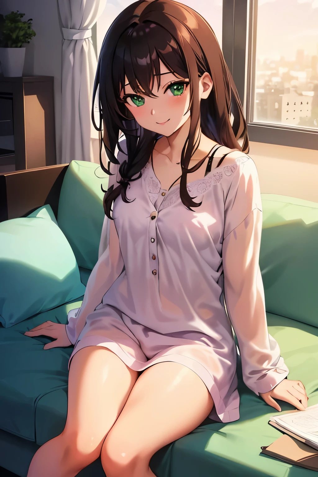 ((masterpiece, Highest quality, High resolution, 超High resolution, Pixel perfect, Written boundary depth, 4K, RTTX 10.0, High resolution))), 1 person, single, alone, Beautiful Anime, Beautiful art style, Anime characters, ((Shortcuts, bangs, Dark brown hair)), ((Green Eyes:1.4, Round eyes, Beautiful eyelashes, current eyes)), ((Smooth texture:0.75, Anime CG style)), ((Dynamic Angle, close)), Perfect body, (cute), Normal chest, whole body, ((4K, 8k, Highest quality, Perfect Fingers: 1.3, Perfect Anatomy: 1.3, Background Blur)), whole bodyアングル, An illustration of a girl staying up late at home on a summer night, The character is wearing light pajamas., sitting on a sofa in a relaxed position, His favorite manga and smartphone are scattered around him., She is smiling while concentrating on the screen., In the background, Outside the window, the starry summer night sky spreads out, The room is bathed in soft lighting.,