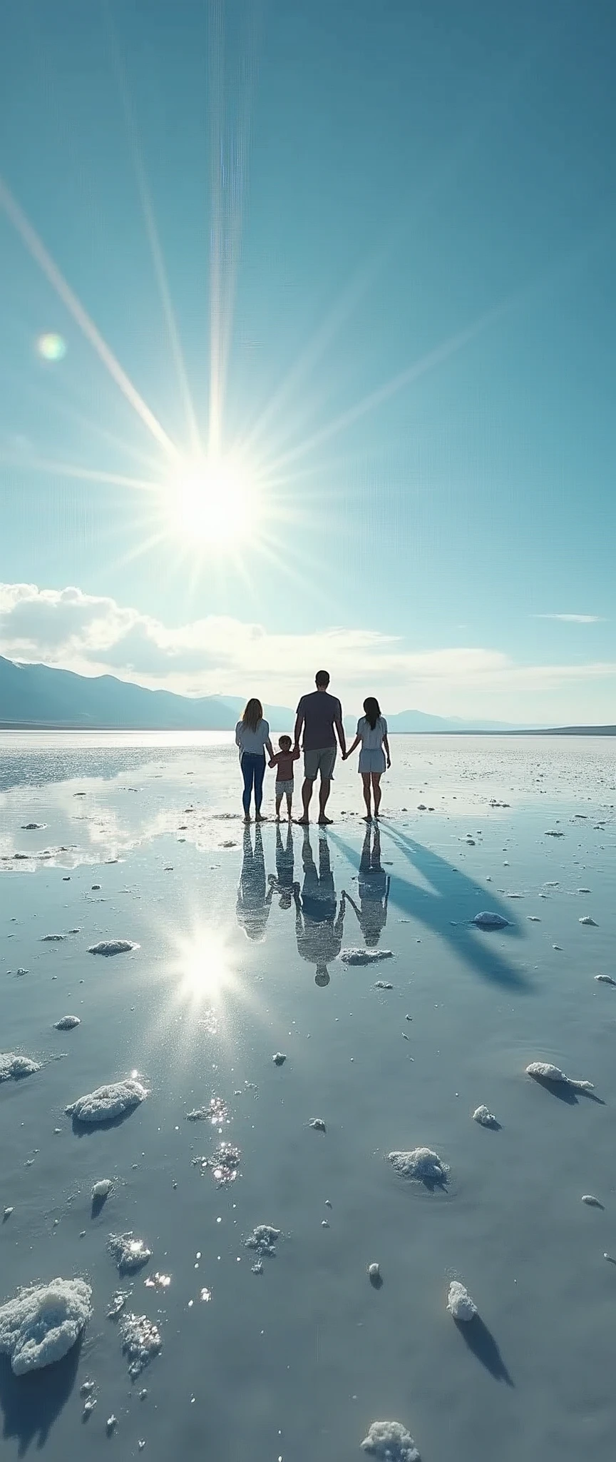 (masterpiece:1.2,Highest quality,Ultra-high resolution,Very detailed,Realistic,RAW Photos:1.2,Elaborate photos),8k,wallpaper,(Ray Tracing),Bolivia,Uyuni salt lake,Family standing,The flattest place in the world,(A majestic salt lake,Drawing a beautiful and endless water surface,Diffuse reflection of light),(A photograph capturing the magnificent scenery reflected on the water's surface:2.0)