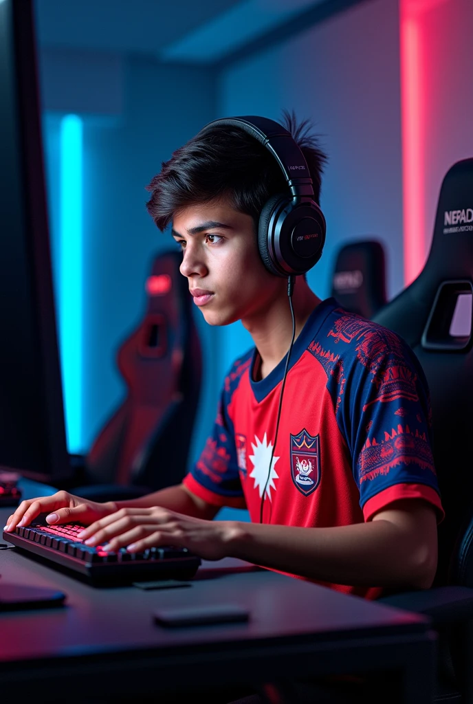 A gamer wearing jn eSports jersey that jersey gives Nepal flag vibes and realistic