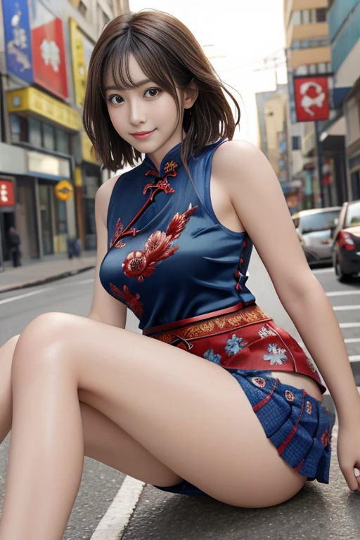 (Highest quality、Ultra-high resolution、masterpiece:1.3), Middle-length hair with bangs, Moisturized eyes down to the finest detail, ((Shiny skin 1.5)), Highest quality, 8k, Slightly blurred background, (Big Breasts , Long legs, Legs exposed through slits), Wear heels, Natural color lip, smile, A woman with perfect style, ((Busy city background during the day)), (Colorful patterns(Red and blue embroidery)Mini skirt cheongsam:1.5), Look forward, Looking into the camera