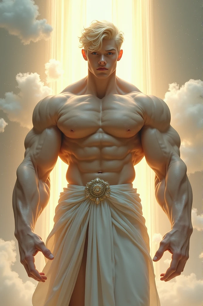 A teenage god with blond hair and white skin, This god has enormous muscles, muscles so big that they make his head look small compared to his body.