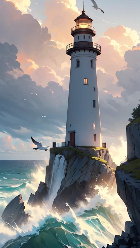 (detailed) Create an AI-generated image featuring a tall, majestic lighthouse perched on a rugged cliff overlooking the ocean. The lighthouse, with its bright red roof and glowing light at the top, stands out against a dramatic sky filled with billowing clouds. The waves crash against the rocks below, and seagulls can be seen flying around. The scene captures a sense of solitude and strength, with the lighthouse serving as a beacon of hope and guidance amidst the vast, turbulent sea.