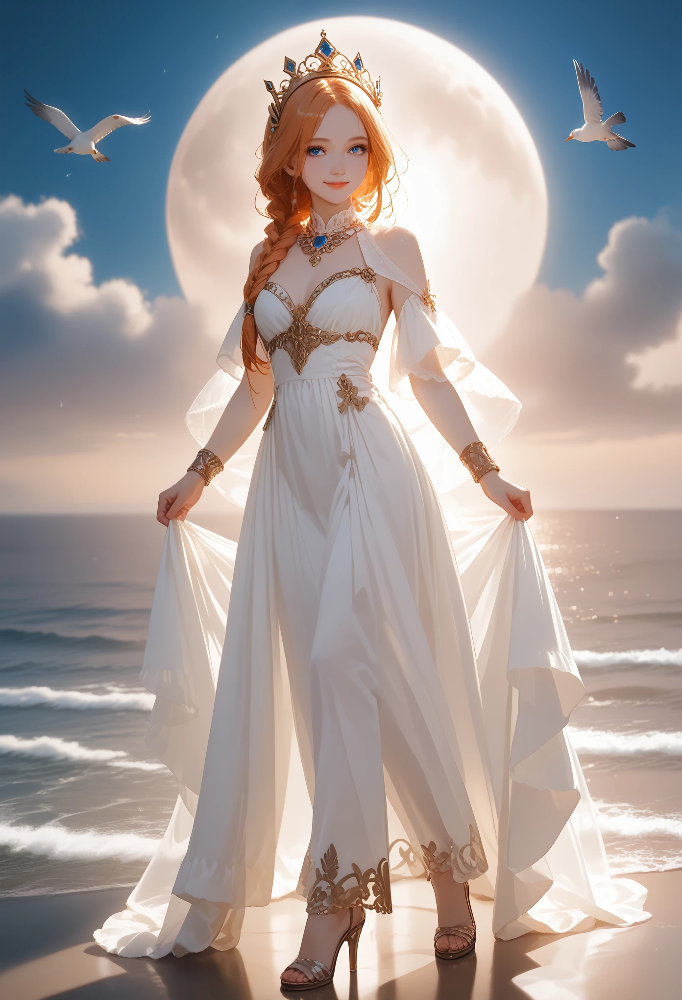 full height, The entire image is whole, One girl comes out of the sea, The Swan Princess from Russian mythology, beautiful calm face, Blue eyes, long blond hair braided in one braid, the moon the moon is woven into the hair at the back of the head, white vintage russian shiny clothes, on the head there is a crown of kokoshnik, Affectionate look, half smile, tender expression on his face, background seascape and sunlight, Seagulls in the sky, full length, cinematic film still,score_9,score_8_up,score_7_up,dramatic lighting,highly detailed,high budget,bokeh,cinemascope,moody,epic,gorgeous,film grain,grainy,masterpiece,best quality,perfect anatomy,very aesthetic,official art,8k, bright colors, A clear picture, The entire image is whole, All according to the Author, masterpiece, Accurate result completed, Highest quality processing,
