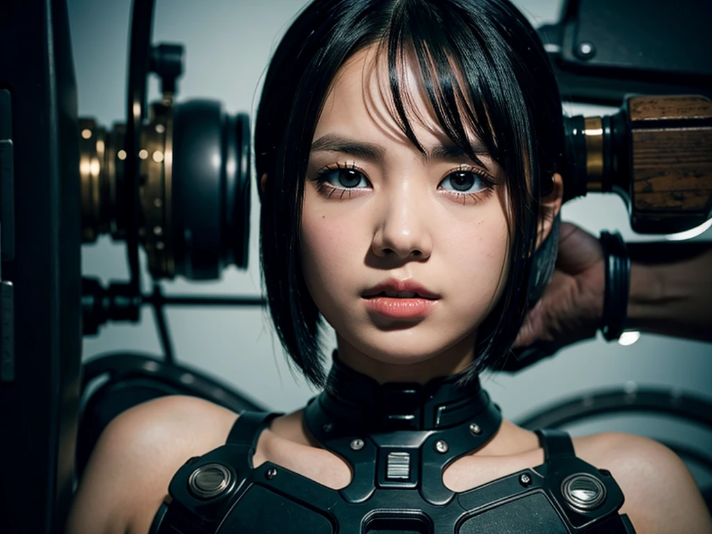 A girl with short bob, black hair, metal plates embedded under her eyes, and mechanical forearms.
