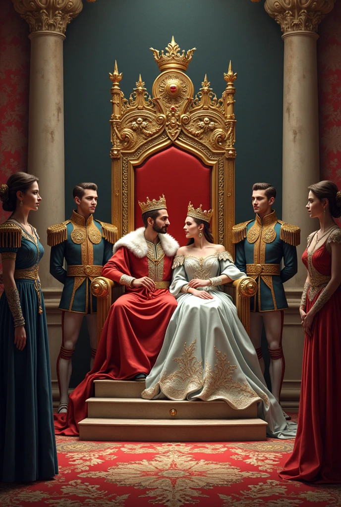 make a picture with the king and queen sitting on the crown seat. behind it and a prince with his lover. and on the side a prince and a soldier