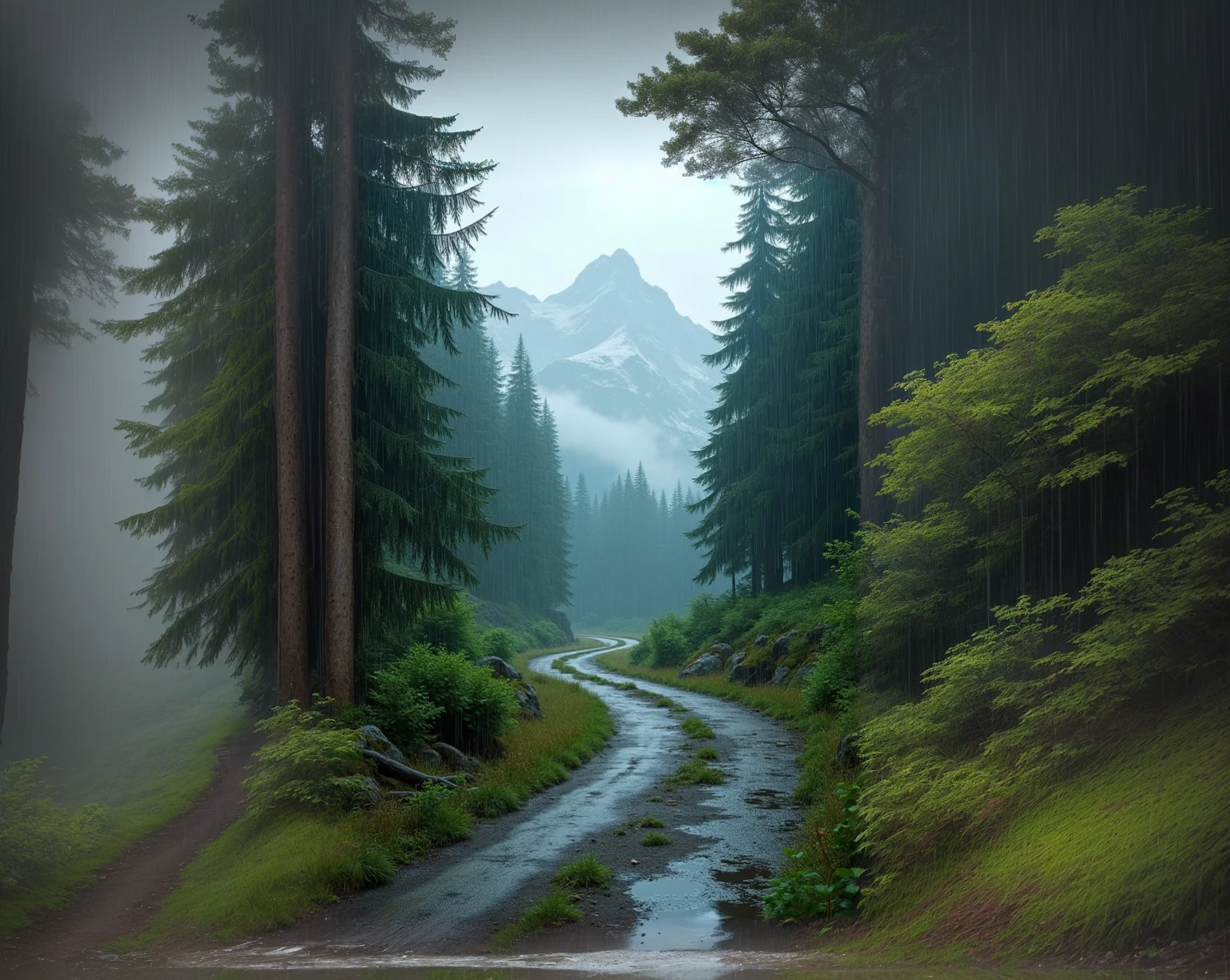 there is a dirt road through the center of the forest。, Slippery road, in a Rainy Day Environment, Magnificent natural scenery, Rainy Day Environment, Nature Wallpapers, author Franz Hegi, Rainy weather, Hiking time, Rain, ryan dyar, Rain and gloomy atmosphere, author：rainer hosch, foggy and rainy, Rainy day mood