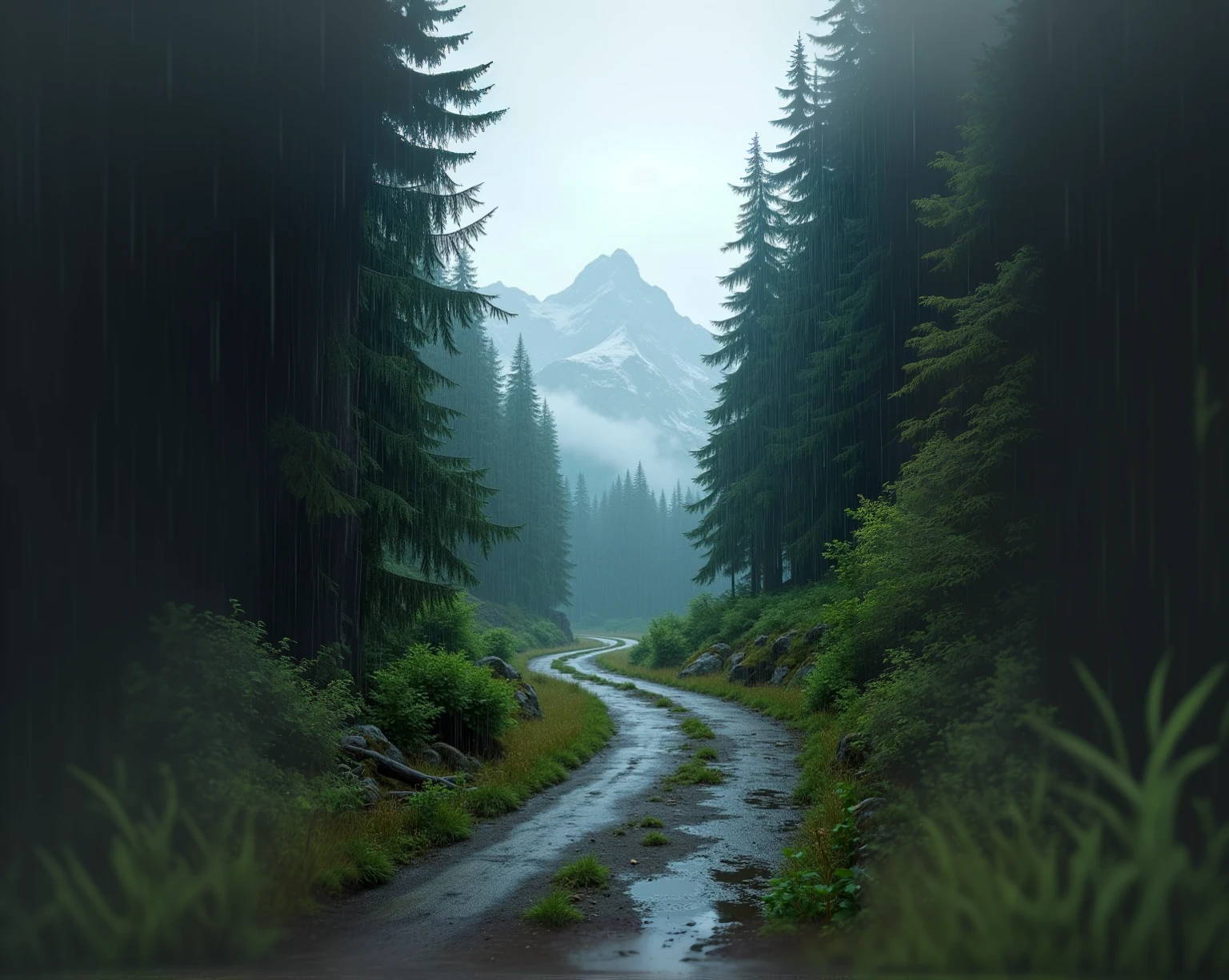 there is a dirt road through the center of the forest。, Slippery road, in a Rainy Day Environment, Magnificent natural scenery, Rainy Day Environment, Nature Wallpapers, author Franz Hegi, Rainy weather, Hiking time, Rain, ryan dyar, Rain and gloomy atmosphere, author：rainer hosch, foggy and rainy, Rainy day mood