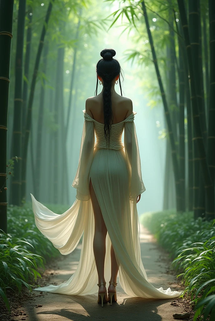 (masterpiece, best quality:1.2),Wavy hair maid，solitary,wear glasses，Exquisite eyes,Fine black hair，Charming Eyeshadow( White people:1.2)( Snake scale skin:1.2)，Chinese,( Smooth skin:1.2)，whole body， Slender body proportions，Moist and sexy plump lips，Long legs，Perfect fingers，High heel，( Back pose 1.2), (Rear view 1.2)，A Chinese female warrior in ancient attire，Standing in the middle of the bamboo forest path，Looking at the camera，There is a faint white snake shadow behind.。