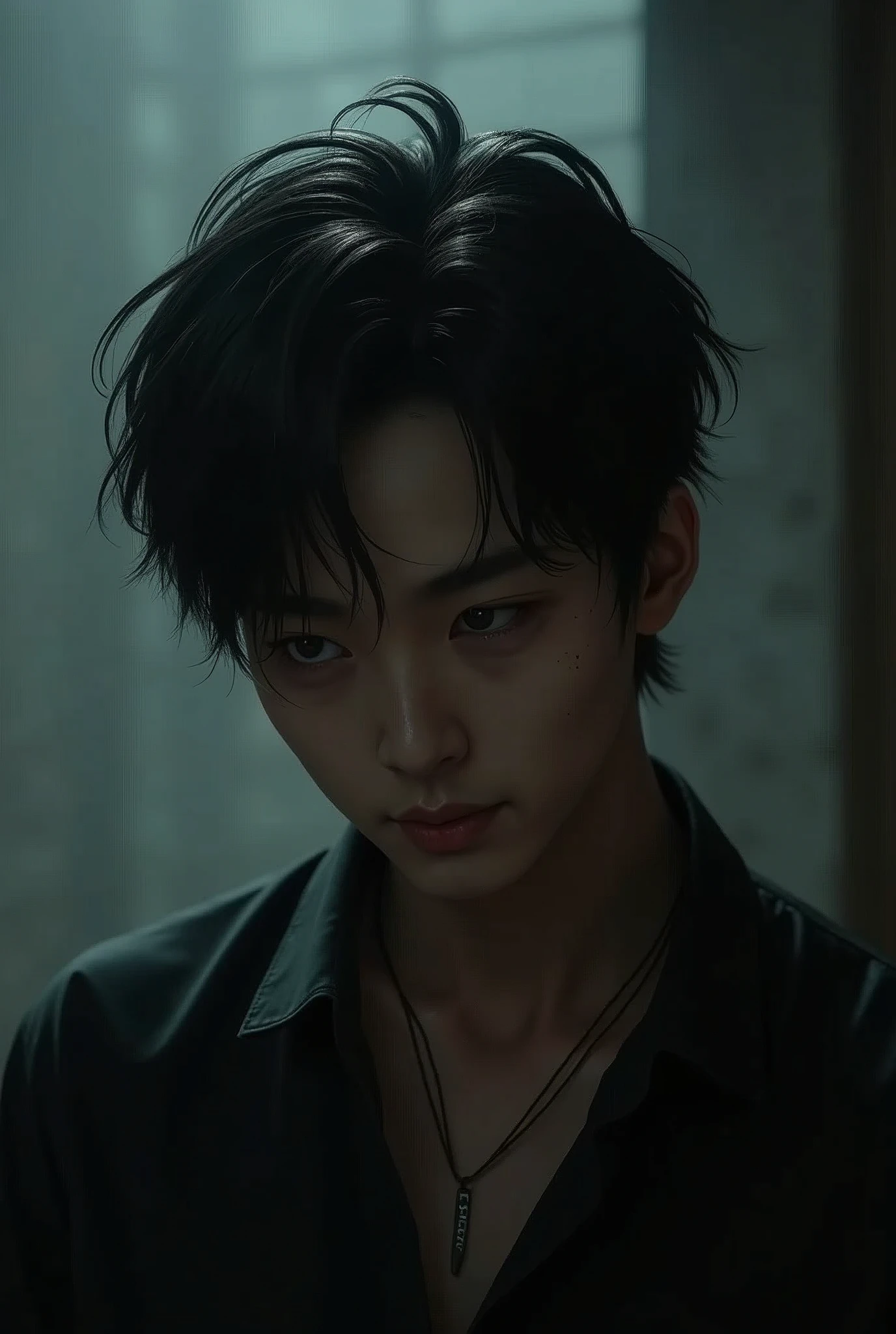 A 28-year-old Asian male with a dark and twisted past, marked by deep trauma and inner conflict. His face is sharply defined, with a chilling, menacing smile that hints at buried pain and malice. His eyes are pitch black, reflecting a void of emptiness and sorrow, yet occasionally revealing a fleeting, unnerving gentleness. His jet-black hair is slightly tousled, with a few strands falling over his forehead, subtly obscuring his true identity. He is dressed in a dark, modern outfit—a black shirt or jacket—that bears faint stains and tears, symbolizing his troubled history. A small, meaningful necklace hangs around his neck, a silent reminder of his past. His posture is generally reserved, quiet, and introverted, but when his darker side surfaces, his demeanor transforms, exuding an ominous aura of anger and despair. The background is dimly lit, with shadows that almost seem to move and breathe, representing the ghosts of his haunted past and the internal turmoil he carries."