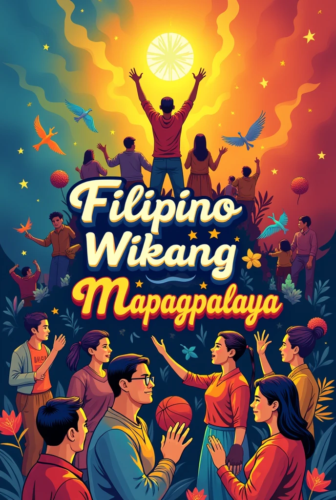 Central Image: A vibrant, stylized baybayin script forming the words "Filipino Wikang Mapagpalaya." This could be surrounded by elements that represent freedom, such as birds in flight, a rising sun, or a breaking chain.
• Background: A gradient of colors that symbolize the diversity of the Filipino people and culture.
Consider using hues from the Philippine flag.
• People: Depict people from various walks of life, all united in celebrating the Filipino language. They could be from different generations, ethnic groups, and socio-economic backgrounds, all speaking in Filipino.
• Symbols of Filipino culture: Incorporate iconic Filipino symbols like a banig (mat), bahay kubo (nipa hut), or sampaguita flowers. These elements would add depth and cultural significance to the poster. (for poster making) make it more colorful with the philippine flag