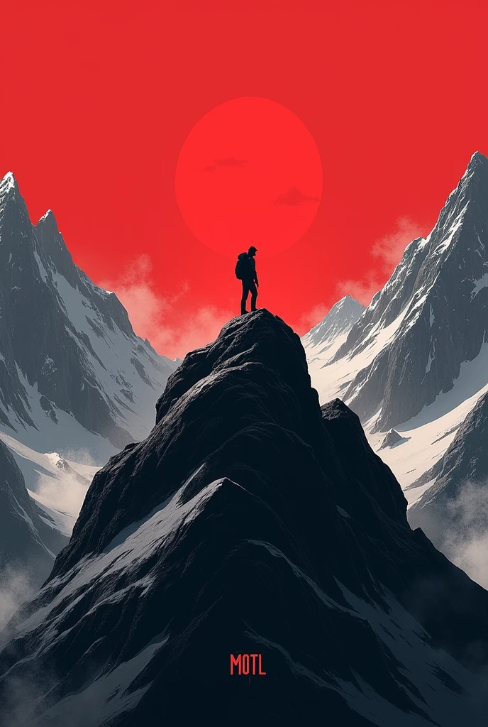 Use black and red colors. Background image is a age of hiker on the top of mountain. and insert the name "MOTL"