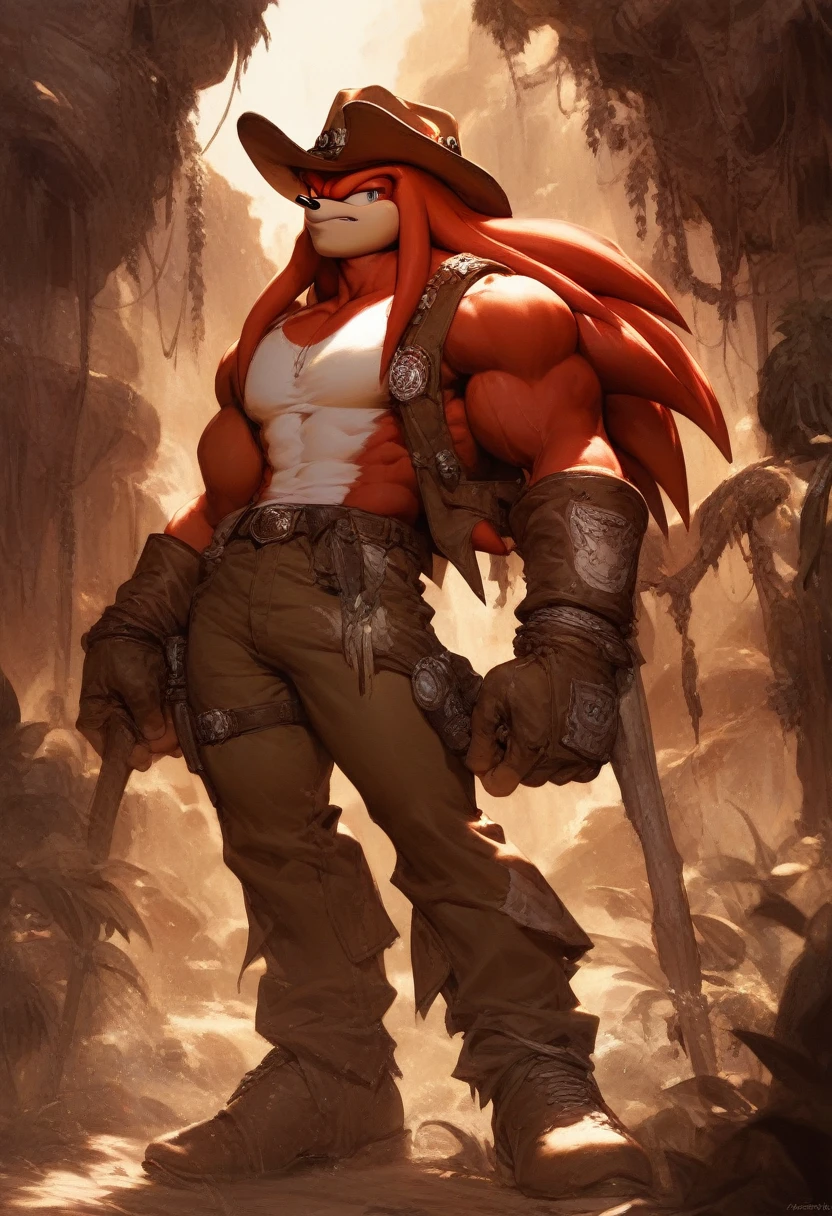 a anthropomorphic furry red echidna buff,muscular wearing a adventurer outfit,scars,cowboy hat,Sonic the Hedgehog,guardian,Knuckles,thick,90’s style. He’s androgynous, a sensual ,cool expression,full body.The scene has a cool,sweet,sexual,Panzer Dragoon style and a vibrant tone. Jungle setting in the background