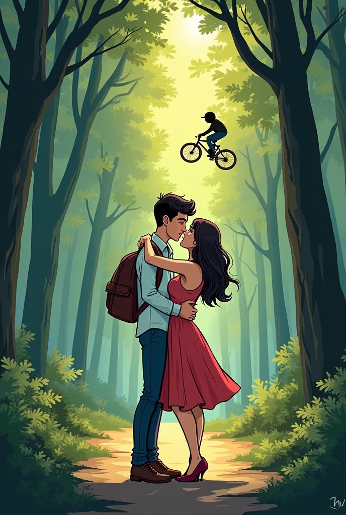 makes comic vignettes Vignette 1: A young couple is in a clearing in the forest, lost in a passionate kiss.
Viñeta 2: suddenly, a dry sound breaks the silence. The couple separates in fright and looks around with their eyes wide open.
Viñeta 3: in the dark, the silhouette of Hat Head appears, mounted on his bicycle, with a surprised expression on his face.
Viñeta 4: The couple screams in terror and runs out of the forest, leaving Hat Head alone and confused.