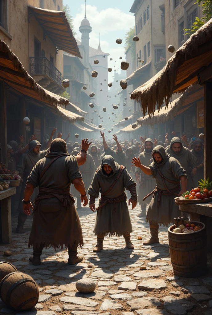 in a medievel market, the market people there are throwing rocks at a person