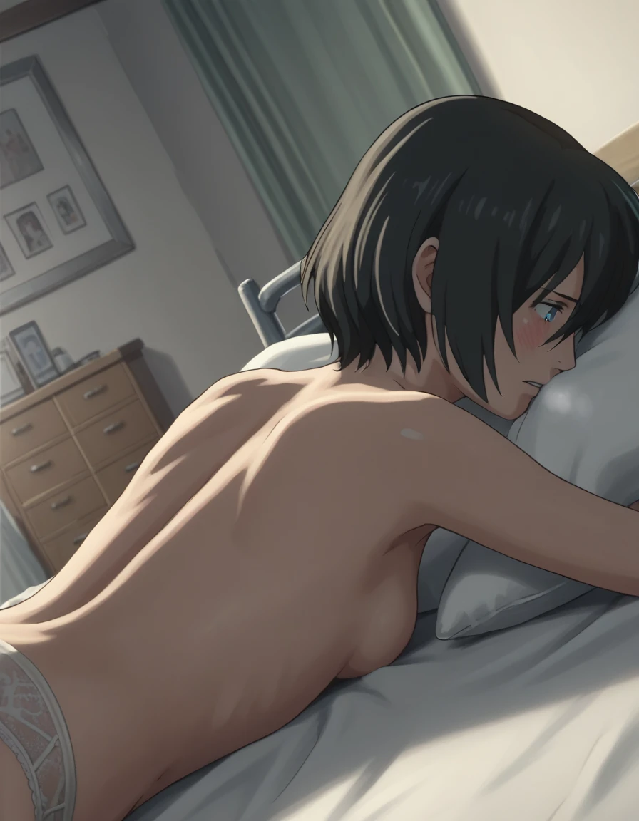 score_9, score_8_up, score_7_up, rating_safe, , solo,1girl, fubuki, fubuki \(one-punch man\), black hair, green eyes, short hair, large breasts, slim fit, breasts pressed, pillow, mattress, Wearing a fur towel around ass, towel_around_waist, topless, bare back, lying on stomatch, oiled skin, shiny skin, prone, pov hands, POV of hands massaging back, massaging back, rubbing back, looking back, naughty face, thighs, lotion bottle on mattress, (cloth covered ass)