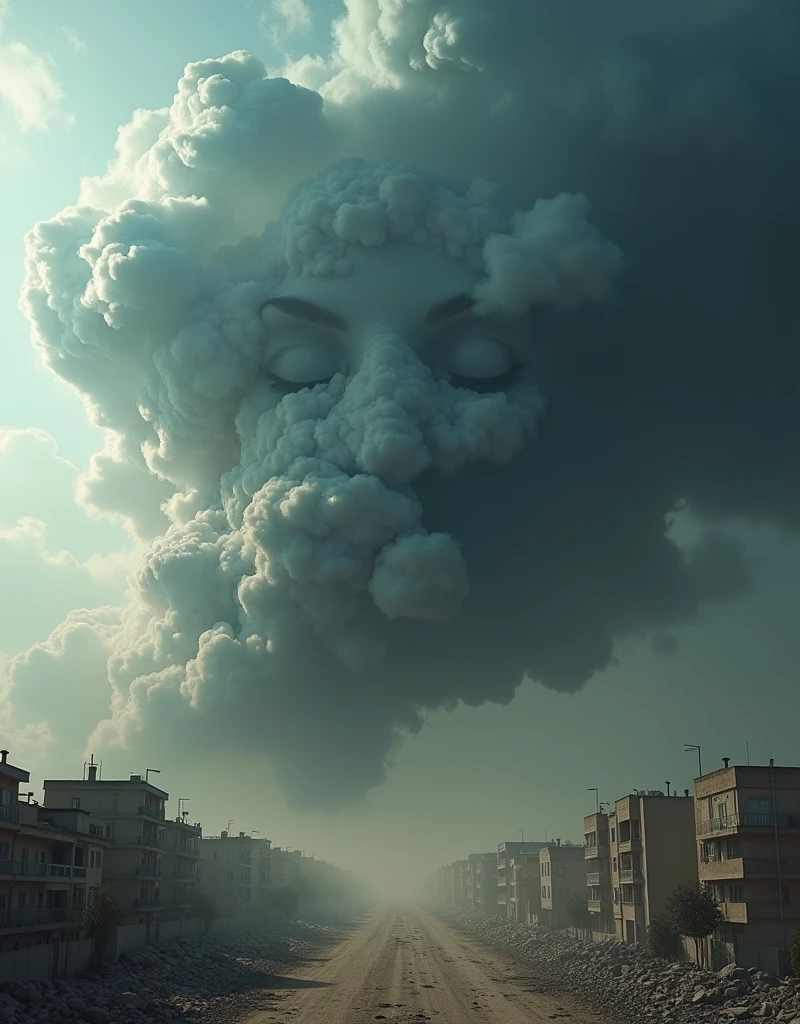 A visualization of an intense storm: the stormcloud takes the shape of a woman's face, obscured by the shadows and nuances of the turbulent cloud formations. From her mouth, strong winds are emitted, metaphorically speaking. These potent gusts are causing significant damage to a cityscape, reducing buildings to dust. Debris is scattered by the storm, painting a picture of the raw power of nature. However, the scene is devoid of people ensuring everyone's safety is prioritized in this imaginative depiction.