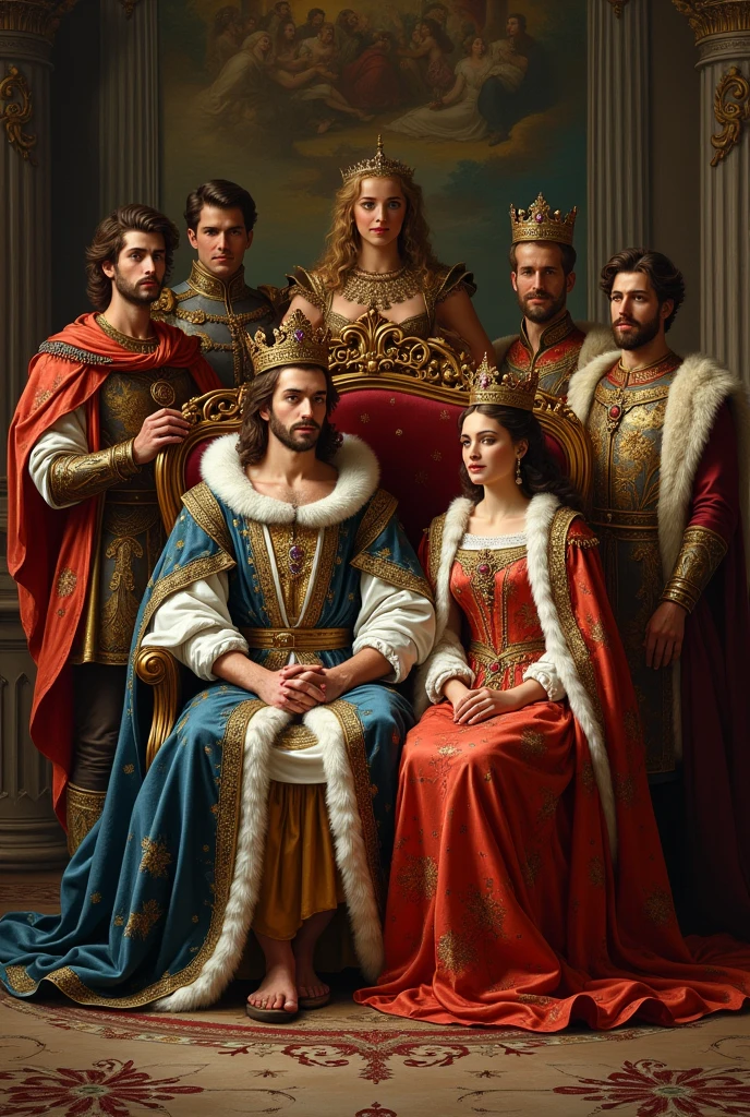 make a picture with the king and queen sitting on the crown seat. behind it and a prince with his lover. and on the side a prince and a soldier