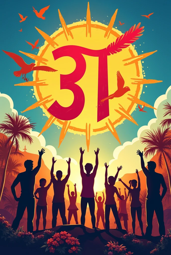 Central Image: A vibrant, stylized baybayin script forming the words "Filipino Wikang Mapagpalaya." This could be surrounded by elements that represent , such as birds in flight, a rising sun, or a breaking chain.
• Background: A gradient of colors that symbolize the diversity of the Filipino people and culture.
Consider using hues from the Philippine flag.
• People: Depict people from various walks of life, all united in celebrating the Filipino language. They could be from different generations, ethnic groups, and socio-economic backgrounds, all speaking in Filipino.
• Symbols of Filipino culture: Incorporate iconic Filipino symbols like a banig (mat), bahay kubo (nipa hut), or sampaguita flowers. These elements would add depth and cultural significance to the poster. make it colorful and include the philippine flag