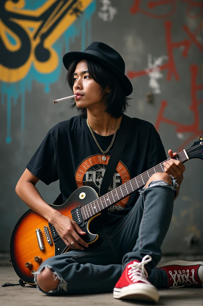 a skinny man from Indonesia is sitting on the floor enjoying a cigarette, electric guitar, black graphic t-shirt, back clip hat, torn jeans, red converse shoes, background of a wall full of graffiti, real photo, high resolution, 32k, cinematic
