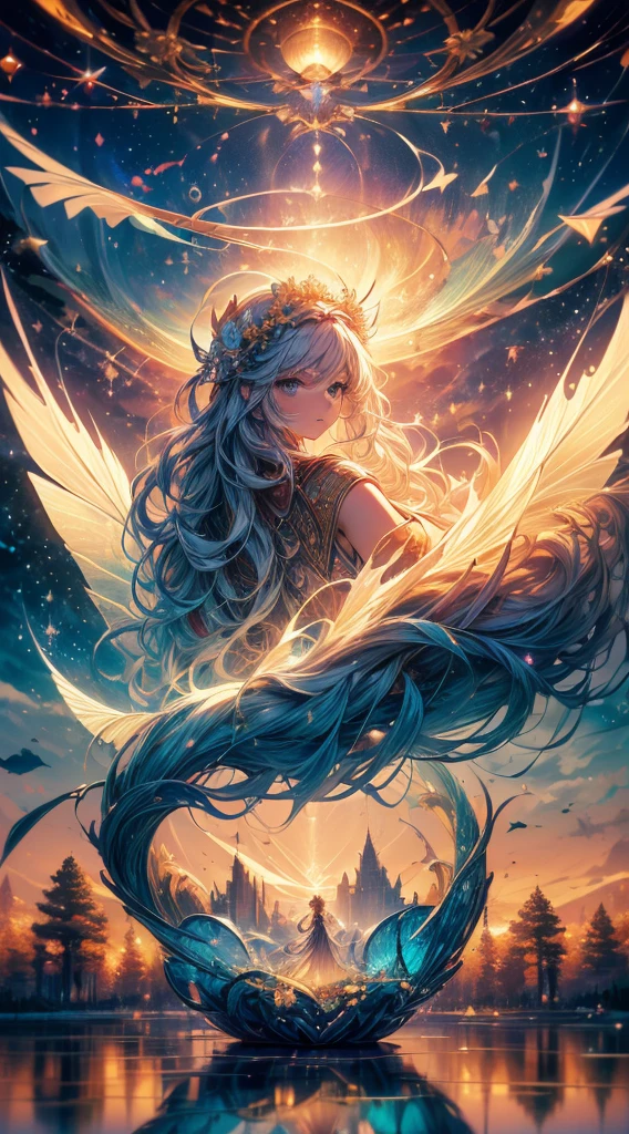 (high quality:1.4), (best quality:1.4), (masterpiece:1.4), official art, official wallpaper, surreal, beautifulgoddess, (1woman:1.1), (long wavy hair:1.1), (flower crown:1.1), (mystical creatures:1.1), (floating islands:1.1), (detailed landscape:1.1), (magic in the air:1.1), (stardust:1.1), night sky, (whimsical atmosphere:1.1), (dreamlike world:1.1), (bubbles:1.1), flying books, (luna moths:1.1), (moonlight:1.1), enchanted forest, (wisdom:1.1), (powerful energy:1.1), (guardian angels:1.1), (peaceful:1.1), vibrant colors, (detailed:1.05), (extremely detailed:1.06), sharp focus, (intricate:1.03), cinematic lighting, (extremely intricate:1.04), (epic scenery:1.09), vibrant colors, (beautiful scenery:1.08), (detailed scenery:1.08), (intricate scenery:1.07), (wonderful scenery:1.05),, (sharp focus,absurdres,high quality,masterpiece,highres,best quality:1.5)