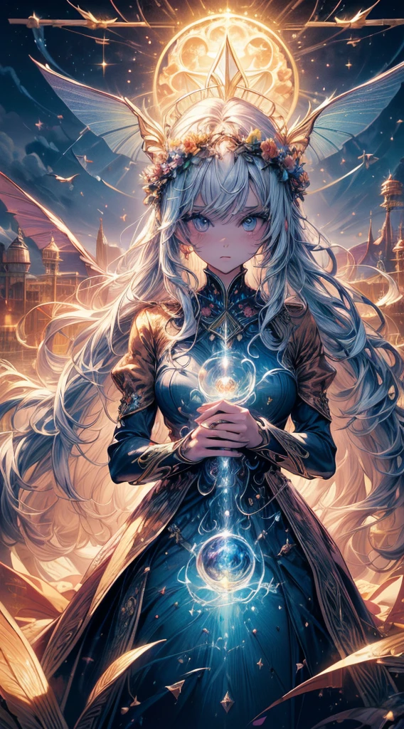 (high quality:1.4), (best quality:1.4), (masterpiece:1.4), official art, official wallpaper, surreal, beautifulgoddess, (1woman:1.1), (long wavy hair:1.1), (flower crown:1.1), (mystical creatures:1.1), (floating islands:1.1), (detailed landscape:1.1), (magic in the air:1.1), (stardust:1.1), night sky, (whimsical atmosphere:1.1), (dreamlike world:1.1), (bubbles:1.1), flying books, (luna moths:1.1), (moonlight:1.1), enchanted forest, (wisdom:1.1), (powerful energy:1.1), (guardian angels:1.1), (peaceful:1.1), vibrant colors, (detailed:1.05), (extremely detailed:1.06), sharp focus, (intricate:1.03), cinematic lighting, (extremely intricate:1.04), (epic scenery:1.09), vibrant colors, (beautiful scenery:1.08), (detailed scenery:1.08), (intricate scenery:1.07), (wonderful scenery:1.05),, (sharp focus,absurdres,high quality,masterpiece,highres,best quality:1.5)