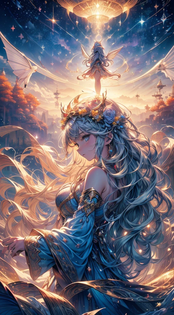 (high quality:1.4), (best quality:1.4), (masterpiece:1.4), official art, official wallpaper, surreal, beautifulgoddess, (1woman:1.1), (long wavy hair:1.1), (flower crown:1.1), (mystical creatures:1.1), (floating islands:1.1), (detailed landscape:1.1), (magic in the air:1.1), (stardust:1.1), night sky, (whimsical atmosphere:1.1), (dreamlike world:1.1), (bubbles:1.1), flying books, (luna moths:1.1), (moonlight:1.1), enchanted forest, (wisdom:1.1), (powerful energy:1.1), (guardian angels:1.1), (peaceful:1.1), vibrant colors, (detailed:1.05), (extremely detailed:1.06), sharp focus, (intricate:1.03), cinematic lighting, (extremely intricate:1.04), (epic scenery:1.09), vibrant colors, (beautiful scenery:1.08), (detailed scenery:1.08), (intricate scenery:1.07), (wonderful scenery:1.05),, (sharp focus,absurdres,high quality,masterpiece,highres,best quality:1.5)