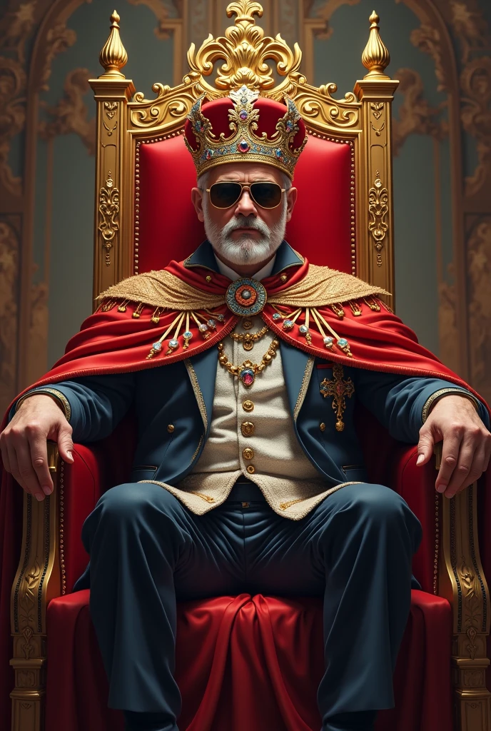 Hail the king with a crown and sunglasses, Sitting on a throne