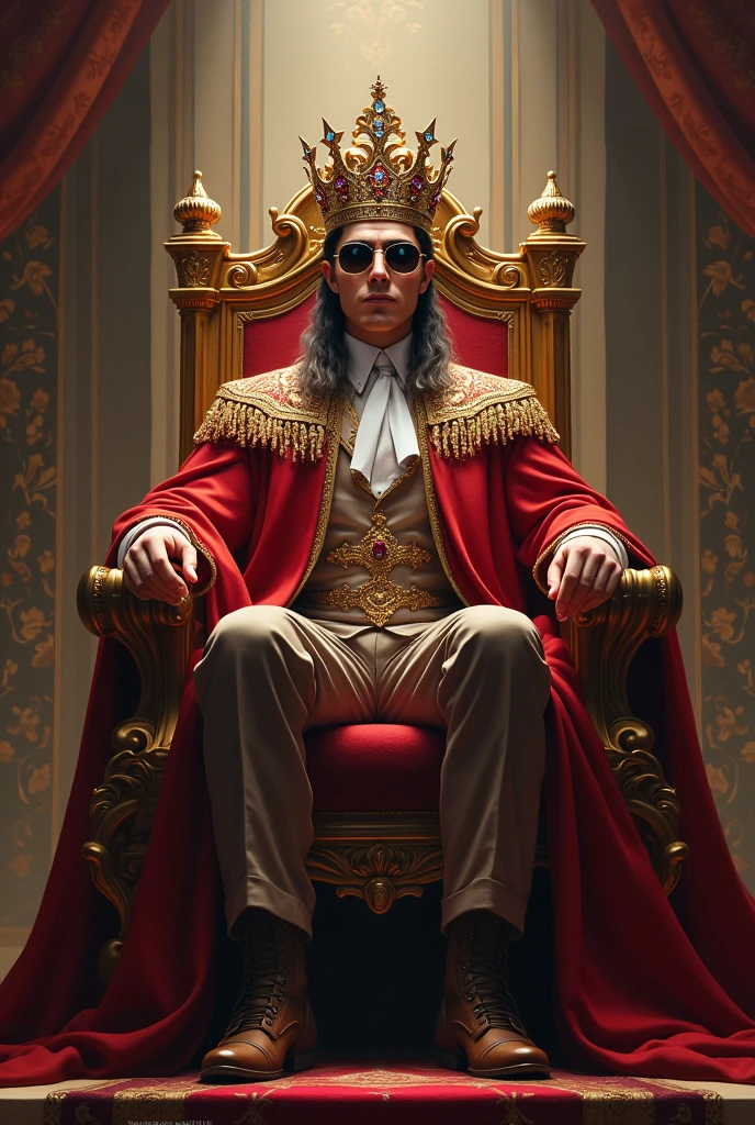Hail the king with a crown and sunglasses, Sitting on a throne