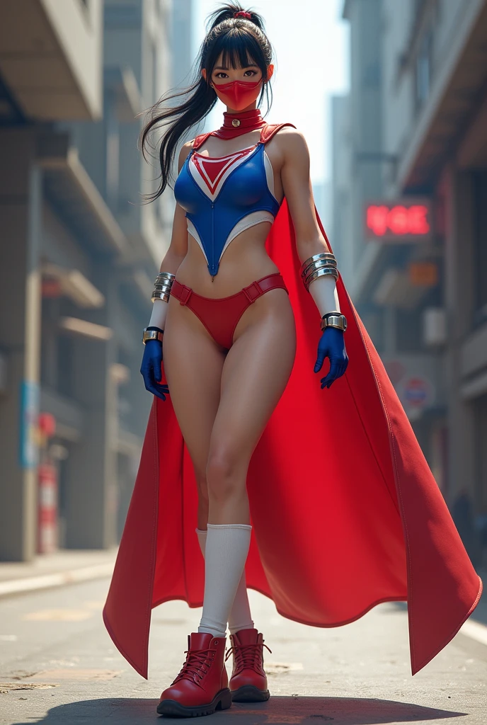 Female, age 25-30, japanese, red mask, dark hair, ponytail, athletic build, full body, busty, costume: red choker, red cape, sleeveless blue top with white sides, up side down white triangle symbol, O-shape belly cutout, red undies, thighs out, white thigh-high socks, red boots, short blue fingerless gloves, white shooter sleeves, metallic bands on arms and boots