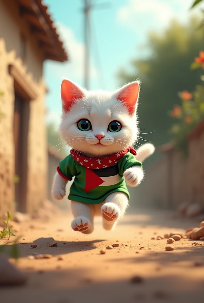 The small white cat 5 is running in front of the house wearing a t-shirt with the flag of Palestine and a handkerchief with the flag of Palestine tied on its head.
