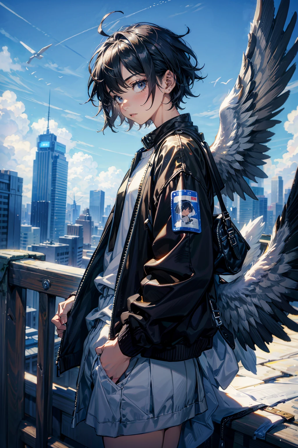 1fale,solo,cool and cute,Androgynous,boyish,black hair,short hair,gray eyes,black wing,angel