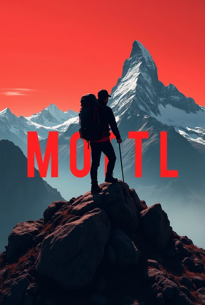 Use black and red colors. Background image is a Image of hiker on the top of mountain. and insert the name "MOTL". Thr name shold include in big font size.