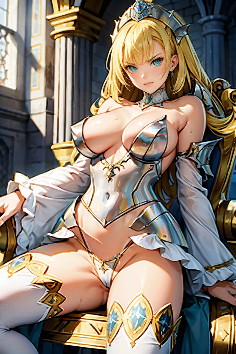 (Masterpiece), (1girl), (Cinderella Queen's Blade), (bikini armor), (blonde hair), (white thighhighs, stiletto heels, very long hair, huge breasts, highleg leotard, (((green eyes))), cleavage, flipped hair, showgirl skirt, (((blue shoulder armor))), breastplate), (cowboy shot), smile, gleaming skin, oil skin, shiny skin, wet skin, sweat, (((white frill sleeves))), perfect eyes, shiny eyes, deep detailed eyes, fair skin, sexy, antique chair, throne, sitting, breasts focus, castle room background,