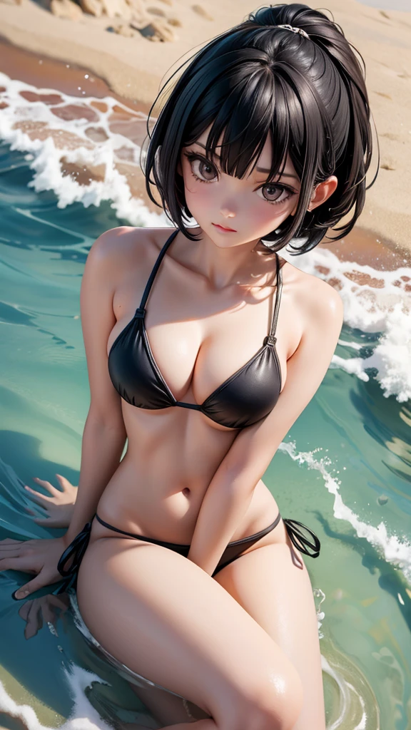 1_girl, solo, 25-years-old korean girl. slender and medium breast. brown eyes. short black hair and bangs in the front. Wearing black bikini, walking on the beach, dusk beach background, lying down on the beach,  top view