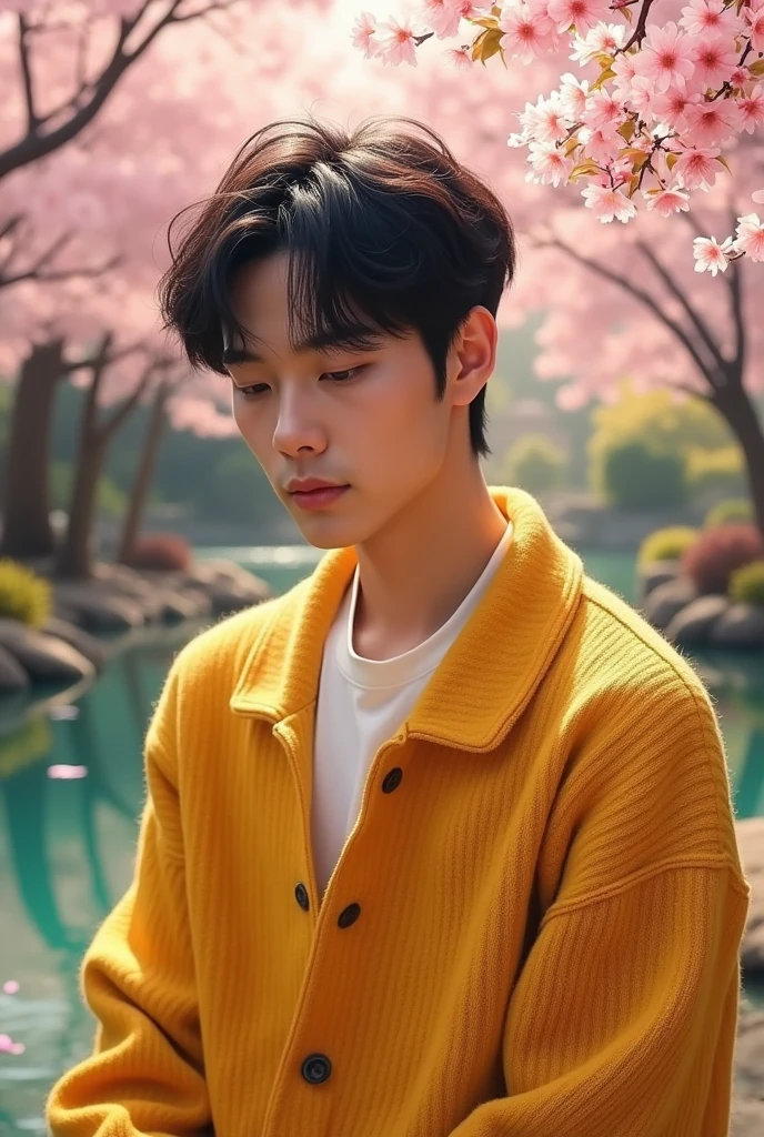 JUNGKOOK BING AI YELLOW WOOL CARDIGAN JAPANESE SAKURA GARDEN POOL