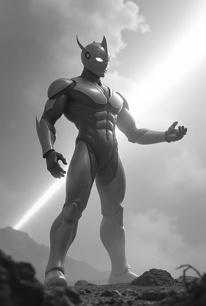 Real skinny body height. Big giant Ultraman fire laser beam with Ultraman hand iconic pose. With strong wind situation. Big blast from hand. Tilt shift photography. 4k. Monochrome