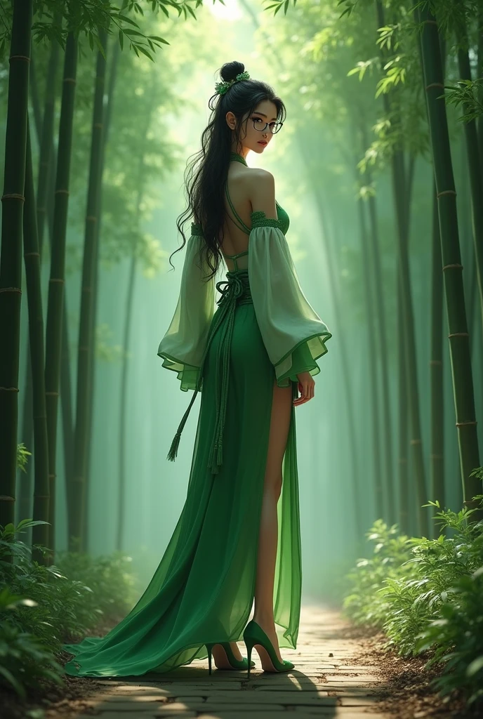 (masterpiece, best quality:1.2),Wavy hair maid,solitary,wear glasses,Exquisite eyes,Fine black hair,Charming Eyeshadow( Green people:1.2)( Green snake-scale skin:1.2),Chinese,( Smooth skin:1.2),whole body, Slender body proportions,Moist and sexy plump lips,Long legs,Perfect fingers,High heel,( Back pose 1.2), (Rear view 1.2),A Chinese female warrior in ancient attire,Standing in the middle of the bamboo forest path,Looking at the camera,Behind it is a phantom green venomous snake shadow。
