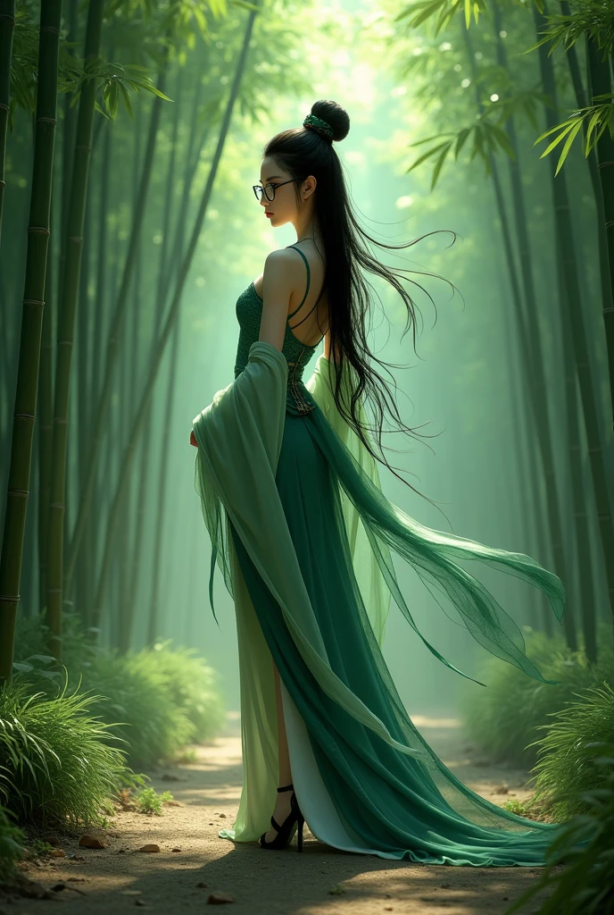 (masterpiece, best quality:1.2),Wavy hair maid,solitary,wear glasses,Exquisite eyes,Fine black hair,Charming Eyeshadow( Green people:1.2)( Green snake-scale skin:1.2),Chinese,( Smooth skin:1.2),whole body, Slender body proportions,Moist and sexy plump lips,Long legs,Perfect fingers,High heel,( Back pose 1.2), (Rear view 1.2),A Chinese female warrior in ancient attire,Standing in the middle of the bamboo forest path,Looking at the camera,Behind it is a phantom green venomous snake shadow。