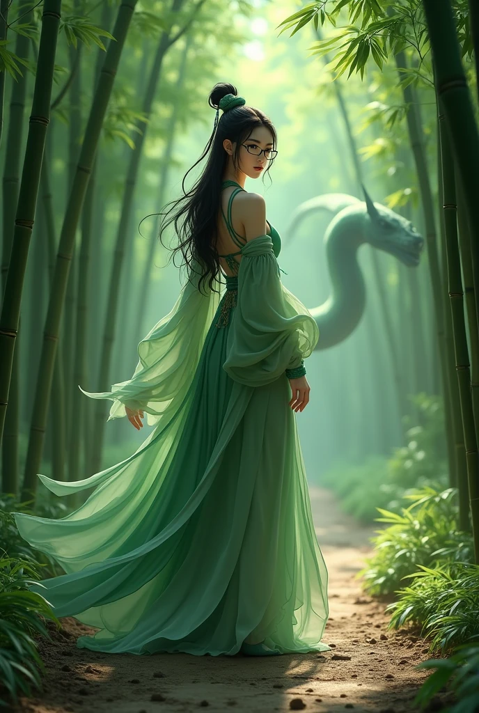 (masterpiece, best quality:1.2),Wavy hair maid,solitary,wear glasses,Exquisite eyes,Fine black hair,Charming Eyeshadow( Green people:1.2)( Green snake-scale skin:1.2),Chinese,( Smooth skin:1.2),whole body, Slender body proportions,Moist and sexy plump lips,Long legs,Perfect fingers,High heel,( Back pose 1.2), (Rear view 1.2),A Chinese female warrior in ancient attire,Standing in the middle of the bamboo forest path,Looking at the camera,Behind it is a phantom green venomous snake shadow。