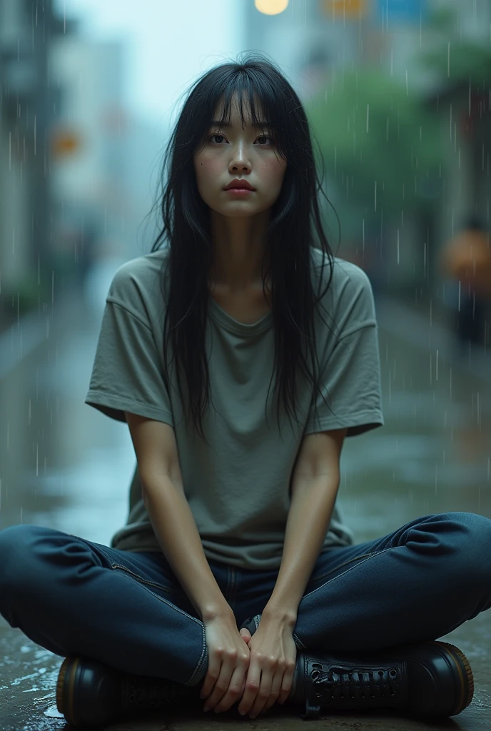 (photorealism:1.2), Japanese woman, long straight hair, 37 years old, a little fat woman, not looking at camera, some spots on the face, not putting on make-up, some gray hair, sitting in the rain, wearing T-shirts and Dr.Martens ancle boots, outdoors, soft lighting, relaxed pose, realistic, intricate details, cool colors, some distance from camera