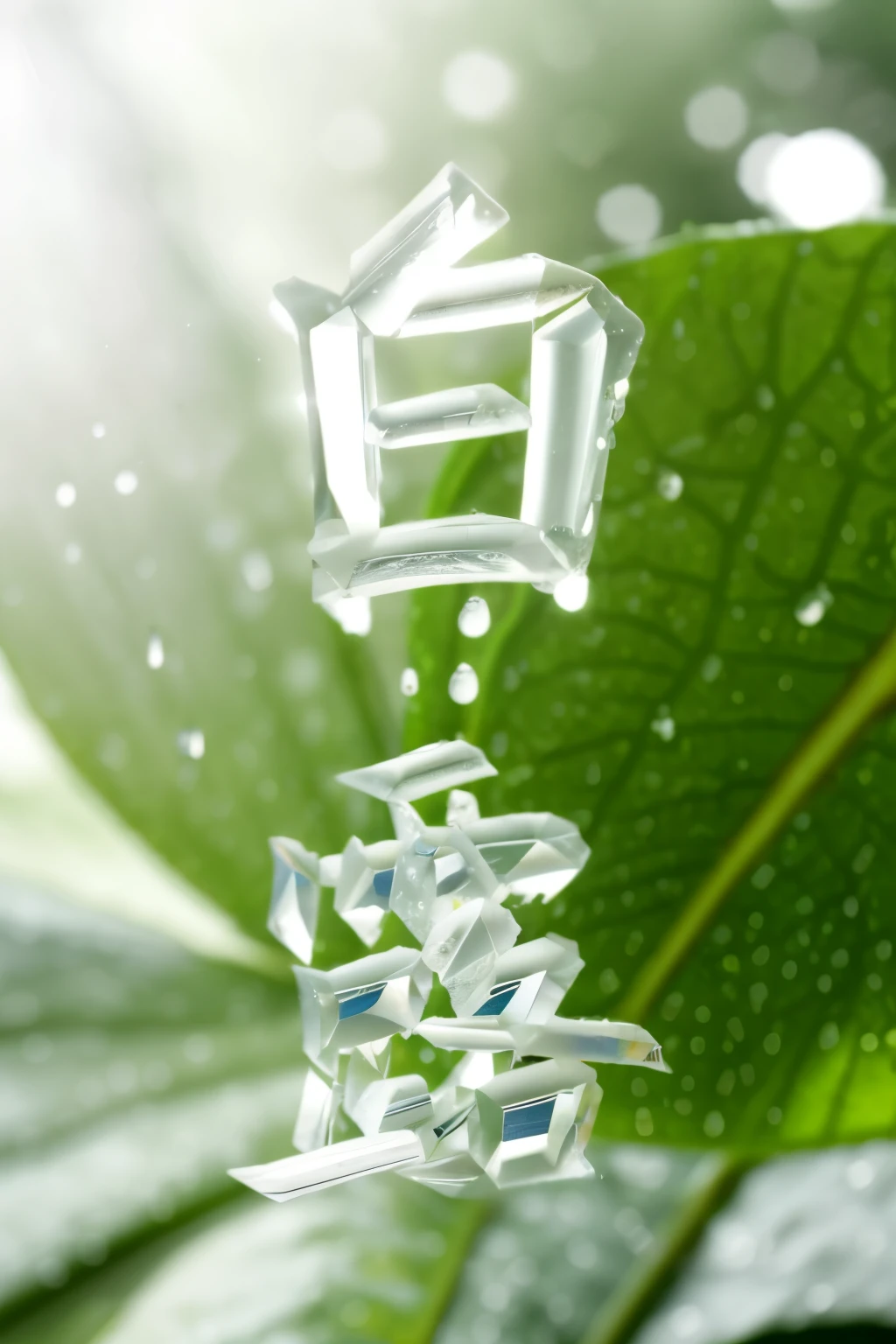 white crystal text, water droplets on the leaves, big leaf on the ground, forest in the distant, dewdrops, detailed droplets, best quality, masterpiece
