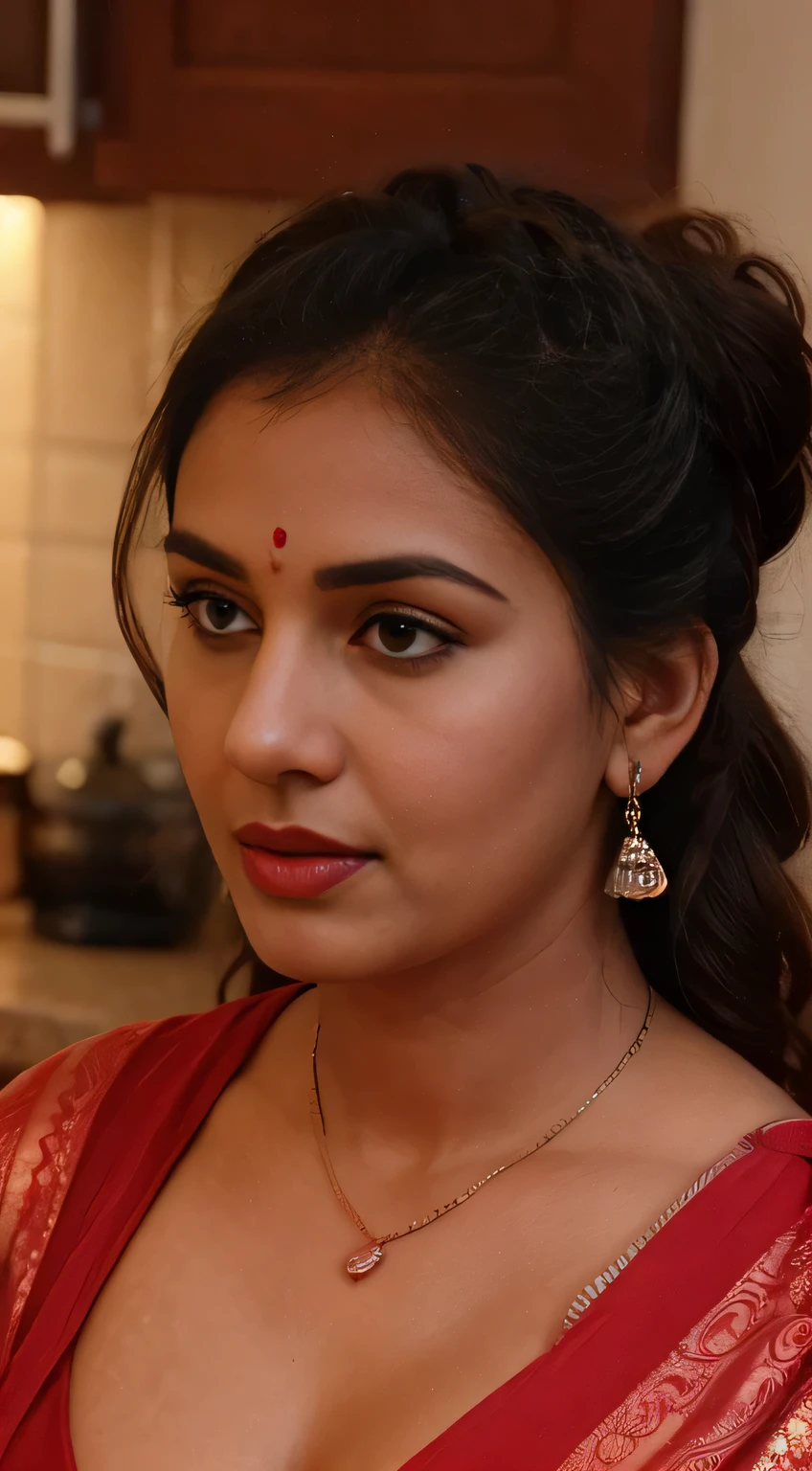 extreme close up photo of sexy indian,beauty, front view, curvy, red saree,big , in kitchen, French braid hair