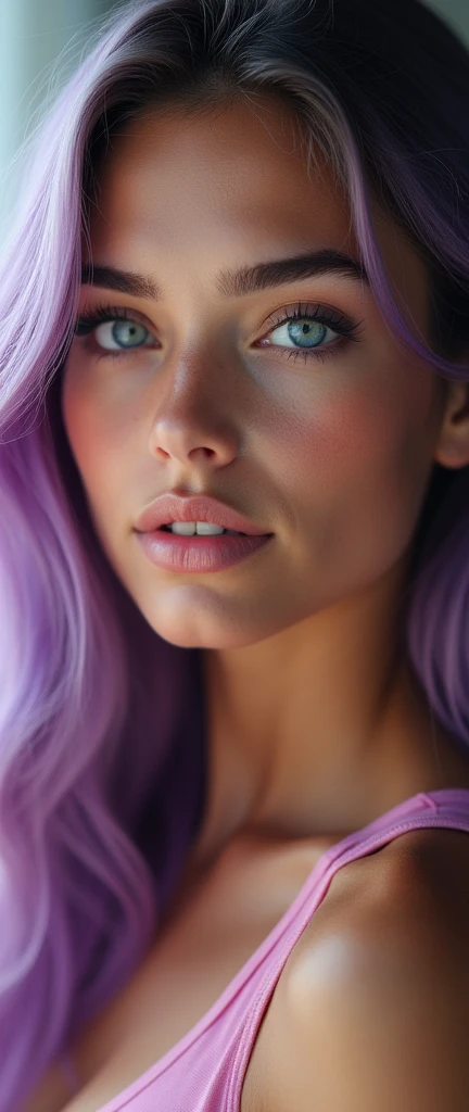 (masterpiece),(Highest quality),(Super detailed),(Ultra-high resolution),(Photorealistic Stick),(RAW Photos),8k,wallpaper,Women&#39;s photos,(Track and field athlete:2.0),Portrait Photography,Beautiful woman,(Eye light,Sharp pupils,Detailed eye drawing),(Detailed skin texture:1.6), long hair, pastel purple hair, caucasian type, dark eyebrows, Looking at me,(front),(front:2.0),(sexy:2.0), beautiful detailed eyes, beautiful detailed lips, extremely detailed face and skin, long eyelashes, masterpiece, (best quality,4k,8k,highres,masterpiece:1.2),ultra-detailed,(realistic,photorealistic,photo-realistic:1.37)