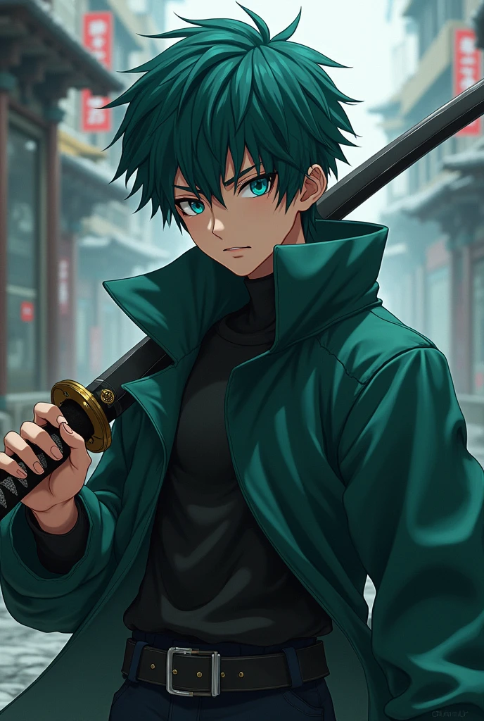 (photorealism:1.2), Anime Boy demon slayer with teal hair, dark green coat with black shirt under his coat, holding a katana and fight