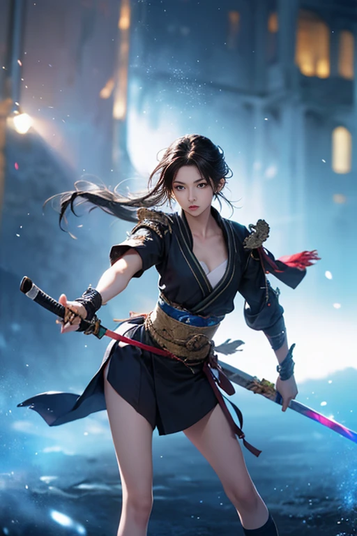1 beautiful girl in Japanese Ninja girl Kunoichi costume, white smallest breasts:1.9, breasts chest, slim waist, purple fishnet socks, Japanese Ninja style, fictional art texture, colorful bright and realistic, RAW Photo, Realistic Photo, ultra high quality 32k surreal photo, (effective fantasy light effect:1.8), 100x pixels, magical effect (Background:1.8), ultradetailed eyes, close up shot, dynamic pose, leaning forward,Intense battle scene,Dynamic swordsmanship,Not wearing underwear,((Thin legs)),(Small waist),((Flat Chest)),(Are thin),(Swordsmanship),(Swordsman),強豪の女流Swordsman,((Standing straight, he swings a single strike with his Iaido sword.)),(Light clothing in summer),(A simple and old-fashioned Japanese kimono),Thin, light clothing for combat,