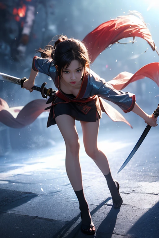 1 beautiful girl in Japanese Ninja girl Kunoichi costume, white smallest breasts:1.9, breasts chest, slim waist, purple fishnet socks, Japanese Ninja style, fictional art texture, colorful bright and realistic, RAW Photo, Realistic Photo, ultra high quality 32k surreal photo, (effective fantasy light effect:1.8), 100x pixels, magical effect (Background:1.8), ultradetailed eyes, close up shot, dynamic pose, leaning forward,Intense battle scene,Dynamic swordsmanship,Not wearing underwear,((Thin legs)),(Small waist),((Flat Chest)),(Are thin),(Swordsmanship),(Swordsman),強豪の女流Swordsman,((Standing straight, he swings a single strike with his Iaido sword.)),(Light clothing in summer),(A simple and old-fashioned Japanese kimono),Thin, light clothing for combat,