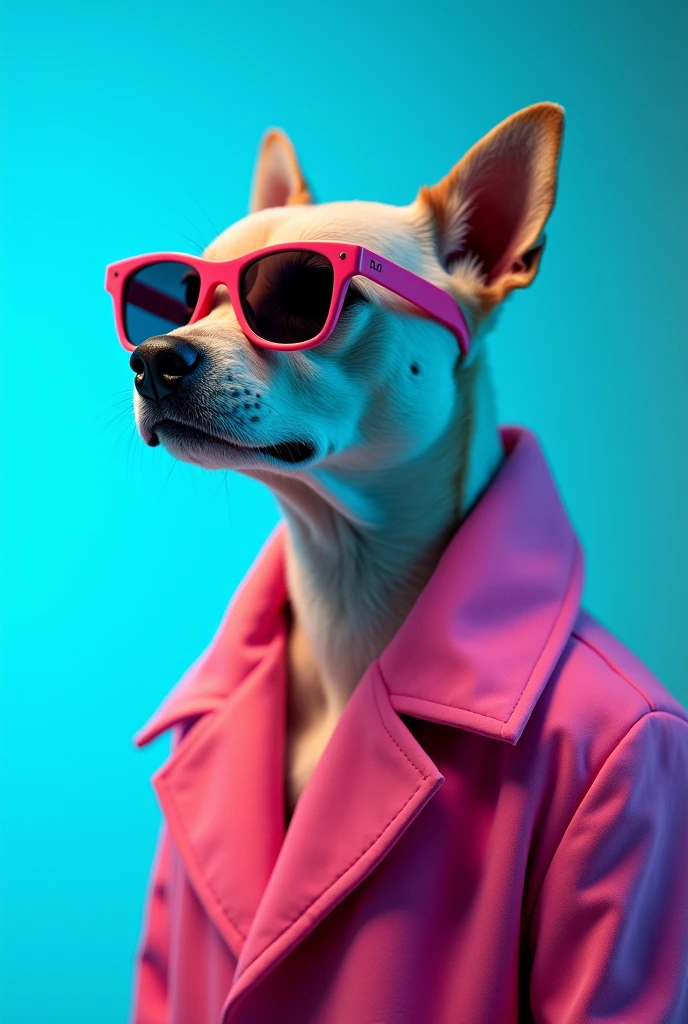 The best cell phone wallpaper, Award-Winning Wallpaper, portrait photography, In the front view is a portrait of a cute dog wearing mid-1960s space age fashion, Side view photo, Shot with Canon EOS R5, Set a strong contrast that accentuates the subject, Fluorescent blue tone, Wearing a very modern coat and sunglasses is a modern 1960s style, Clothes all in one color, beautiful background