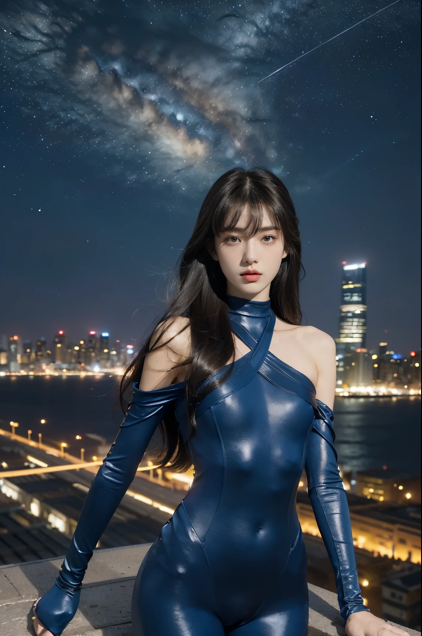 (((best quality))),(((ultra detailed))),(((masterpiece))),illustration,((1girl,Rui Kisugi,solo)),((slim,thin)),((small breasts,flat chest)),(long straight hair:1.2),(bangs:1.3),((bare shoulder,shoulder off)),(klein blue full-body tight-fitting catsuit:1.5),(a yellow ribbon is tied around the waist:1.3),(standing:1.3),(On the roof of skyscraper:1.3),(city view:1.2),(outdoor:1.2),(night scene:1.3),elegant,confident,athletic,curves,(slender legs:1.2),waist,concrete,glass,buildings,starry sky,natural beauty,captivating,thought-provoking,((from front,upper body))